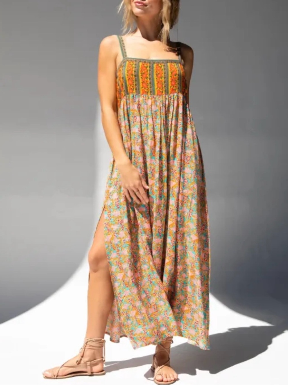NATURAL LIFE Maxi Dress Patti Side Slit Floral Medium Boho Turquoise Orange Pink - Picture 2 of 12